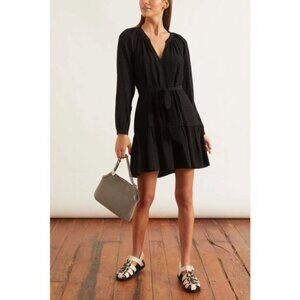 XiRENA Jolene Black Crinkle Woven Belted Long Sleeve Lightweight Mini Dress